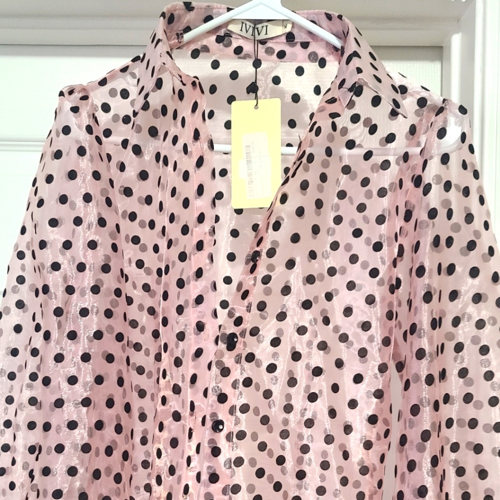 IVIVI pokka dot soft pink and black  blouse with balloon sleeves size M